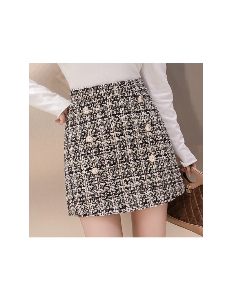 Skirts Small Fragrance Woolen Mini Skirt 2019 Winter Women Vintage Plaid Gold Double-Breasted Tweed A-Line Skirt High Waist F...