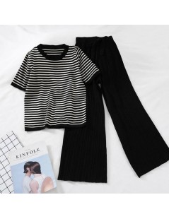 Women's Two Piece Knitted Set Short Sleeved Stripe Sweater Tops+ Wide-leg Casual Pants Suit Sportswear 2pcs - Black - 494128...