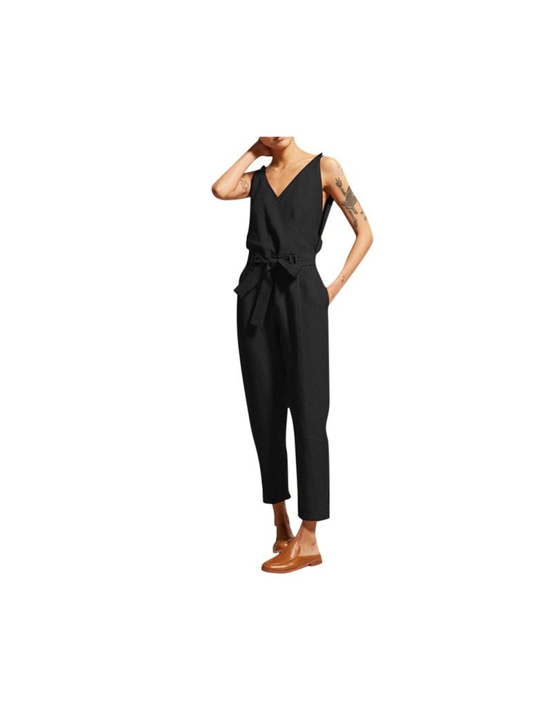 Jumpsuits Women Casual Linen Solid Jumpsuit Plus Size 5xl Sleeveless V-Neck Belt Slim High Street Long Jumpsuit elegant Overa...