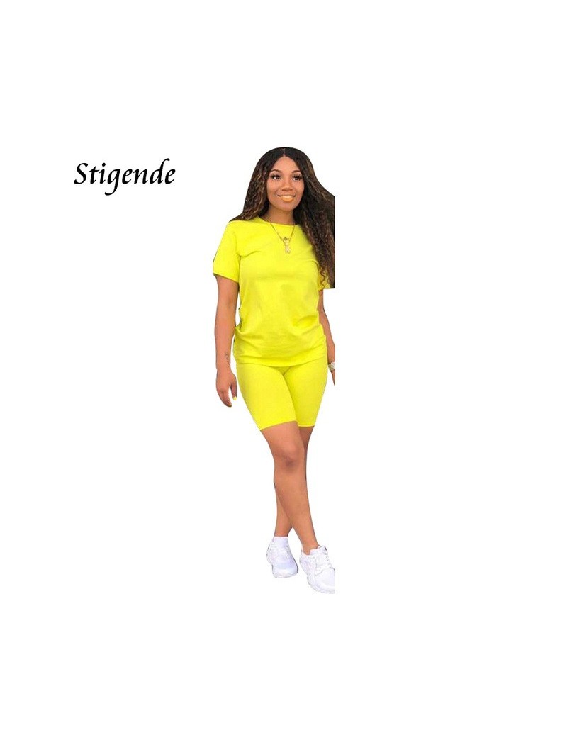 Summer Casual Solid Color Two Piece Set Women Elegant Crop Top and Shorts Tracksuit O Neck Bodycon 2 Piece Outfit Set - Yell...