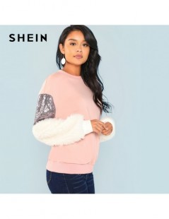 Hoodies & Sweatshirts Multicolor Preppy Elegant Round Neck Contrast Faux Fur Sleeve Colorblock Sweatshirt 2018 Autumn Women S...