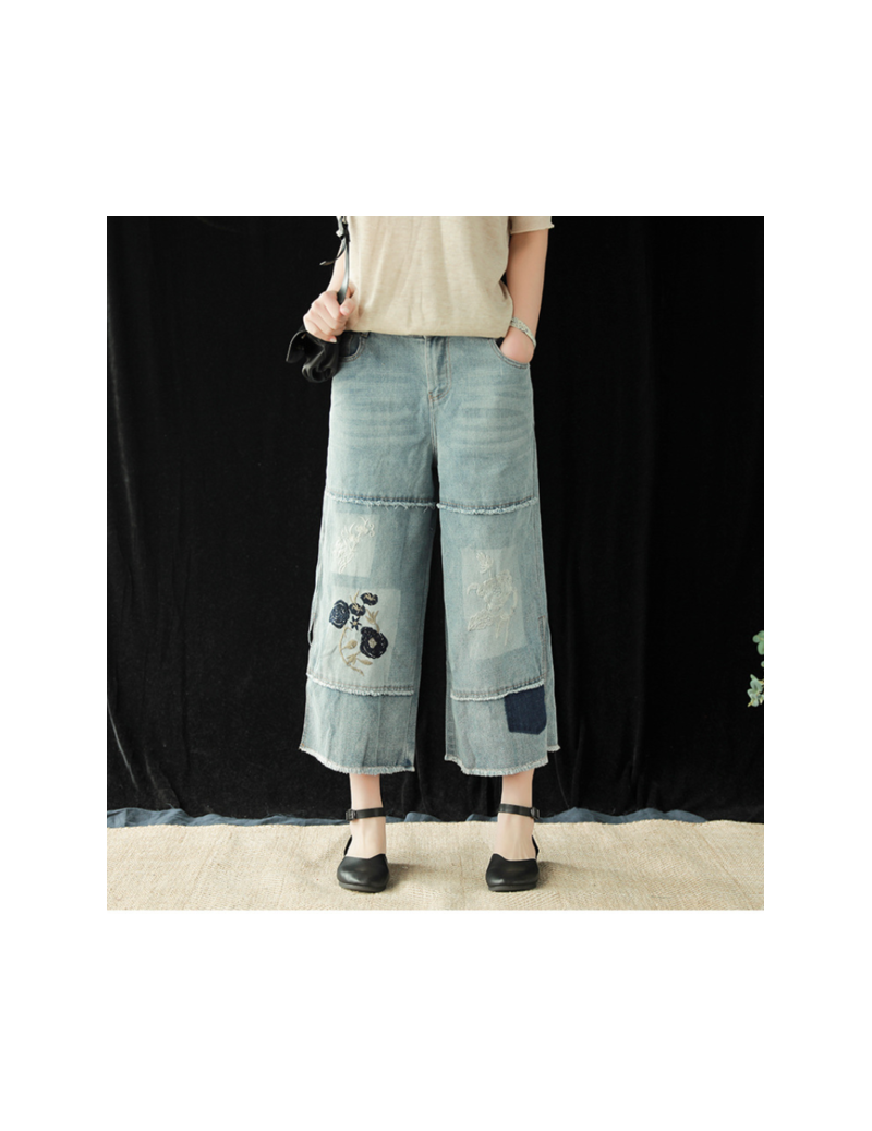 Jeans Summer Jeans Women Fashion Loose Elastic Waist Denim Trousers New Ladies Casual Embroidery flower pocket Spliced Vintag...