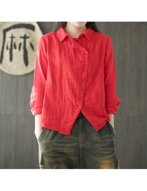Blouses & Shirts Cotton Shirts Vintage Blouses Women Solid Color Cloths 2019 Spring Turn-down Collar Long Sleeve Button Casua...
