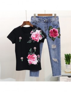 Women's Sets 2019 Runway Designer Summer Women 2 Pieces Set Jean Suits 3D Floral Embroidery Diamonds Cotton Tshirt Top + Hole...