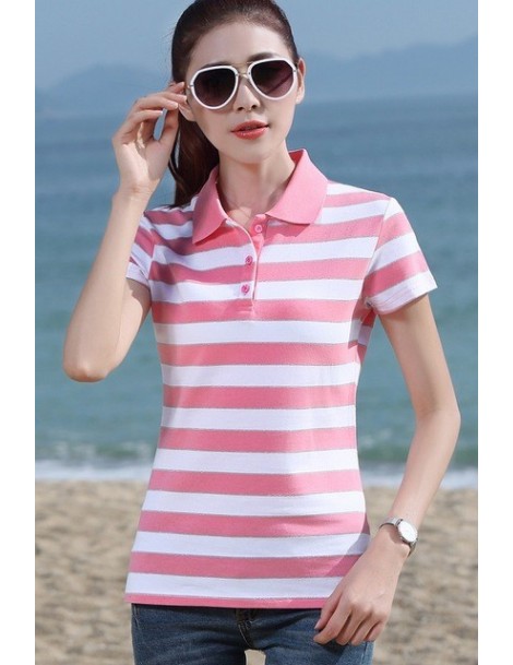 2018 Summer Casual Women Polo Shirts Cotton Casual Stripe Short sleeve Polo Shirt Slim Breathable Fitness Femme Top - Pink G...