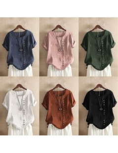 Blouses & Shirts 2019 Vintage Print Floral Short Sleeve Shirt Women Casual Buttons Blouse Cotton Blusas Work Office Lady Tops...