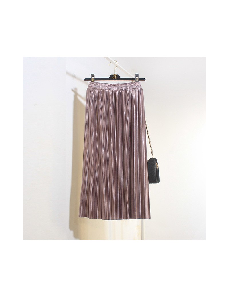 2017 spring new metal shiny skirt in the long section of solid color high waist was thin pleated skirt - Lavender - 4T377263...