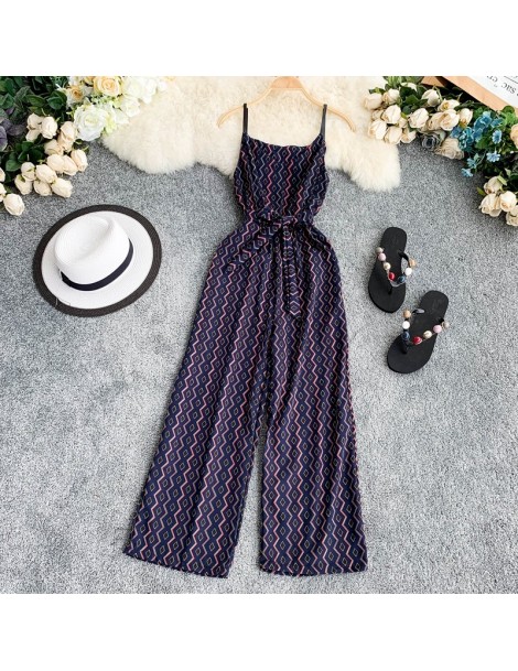 Jumpsuits Geometric Design Seaside Holiday Rompers Chiffon Printed V-collar Sleeveless Sash Tie Women Summer Wide Jumpsuits -...