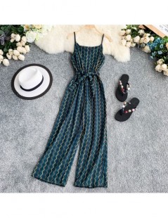 Jumpsuits Geometric Design Seaside Holiday Rompers Chiffon Printed V-collar Sleeveless Sash Tie Women Summer Wide Jumpsuits -...