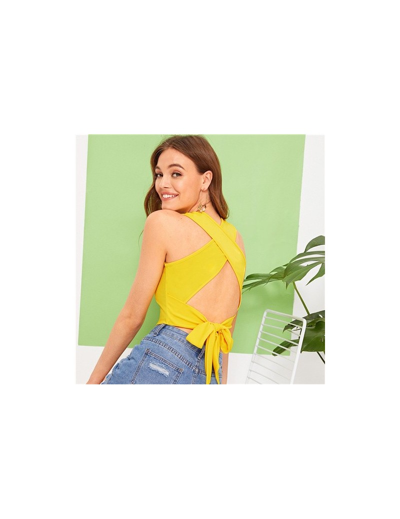 Tank Tops Sexy Bright Ginger Criss-cross Tie Back Crop Tank Top Women 2019 Summer Casual Backless Basics Stretchy Slim Fitted...