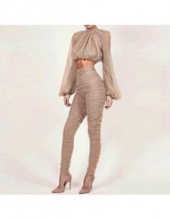 Women's Sets 2018 New Mesh Ruched Top Full Pant Women 2 Pieces Turtleneck Sexy Fashion Pant Suits Set Long Sleeve - apricot -...