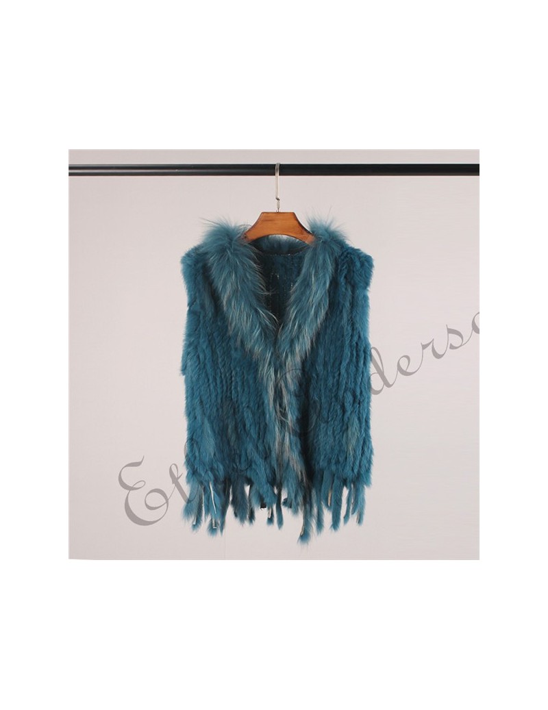 Real Fur Genuine Rabbit Fur Vest Gilet Tassels High Quality Real Fur Kintted Waistcoat Vtg Raccoon Fur Collar Outwear Top - P...