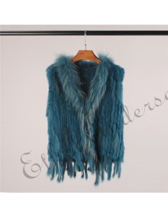 Genuine Rabbit Fur Vest Gilet Tassels High Quality Real Fur Kintted Waistcoat Vtg Raccoon Fur Collar Outwear Top - Pink - 46...