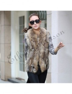 Real Fur Genuine Rabbit Fur Vest Gilet Tassels High Quality Real Fur Kintted Waistcoat Vtg Raccoon Fur Collar Outwear Top - P...