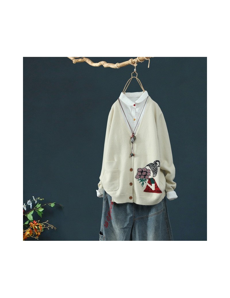 2018 New Autumn Women Knitted Sweater Literary Art Cartoon Embrodiery Female Cardigan Loose Thin Lady Open Stitch Sueter Muj...