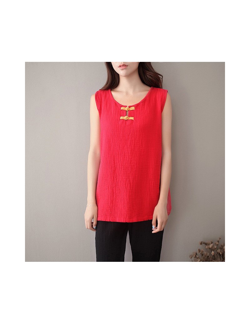 Sleeveless Tank Top Women O-neck Cotton Chinese style Sleeveless Blouse Solid Red White Tank Top Cute Vest Tops C057 - Red -...