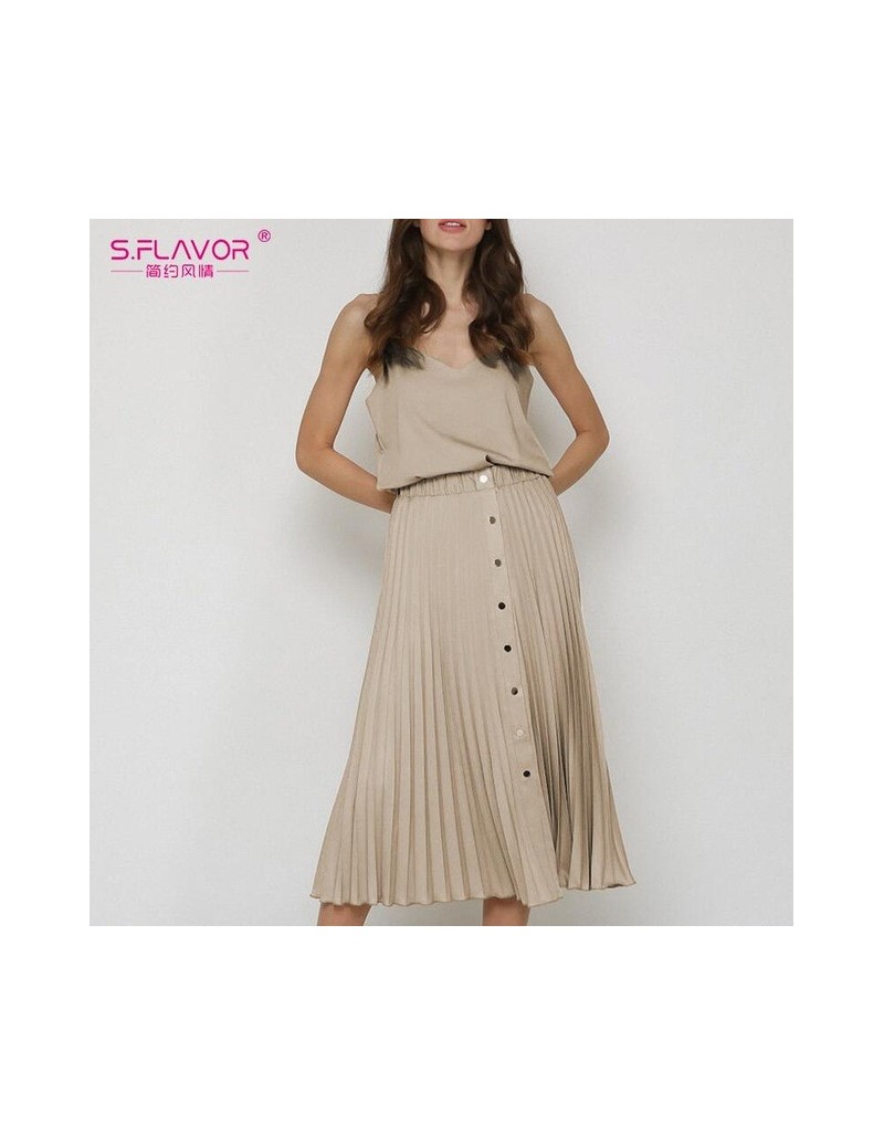 Skirts Fashion Autumn Women A line Skirt 2019 Midi Calf Elegant Button High Waist Elastic Skirt Female Pleated saia - khaki -...