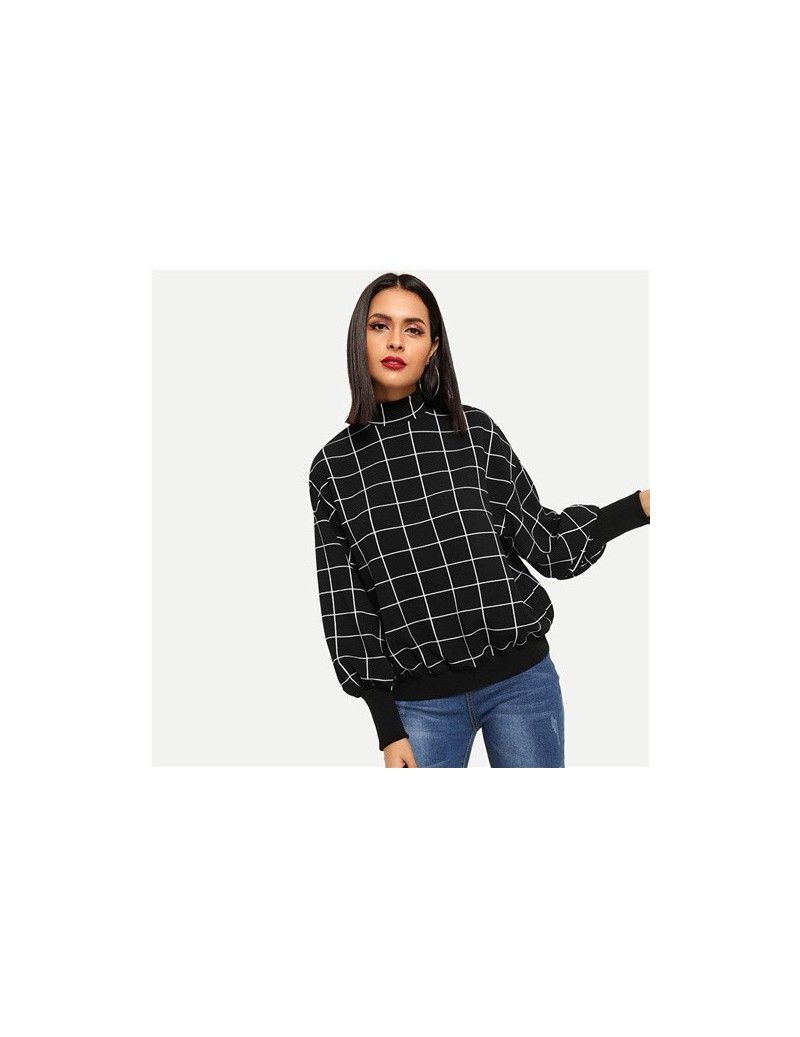 Black Minimalist Mock-Neck Grid Plaid Stand Collar Pullover Sweatshirt Autumn Preppy Campus Casual Women Sweatshirts - Black...