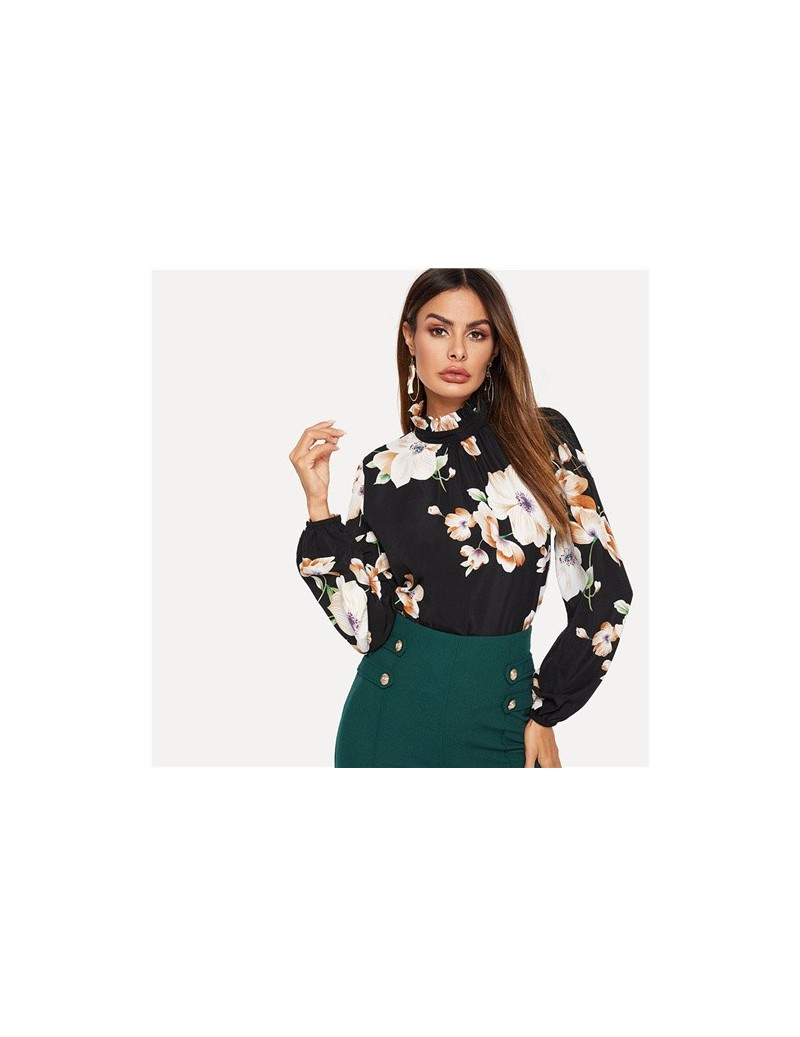 Blouses & Shirts Black Keyhole Back Stand Frilled Collar Floral Print Top Blouse Women Spring Office Lady Workwear Elegant To...