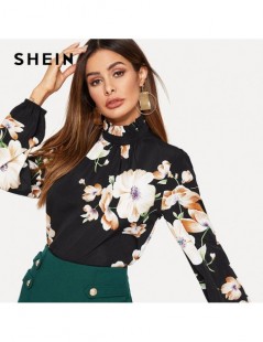 Blouses & Shirts Black Keyhole Back Stand Frilled Collar Floral Print Top Blouse Women Spring Office Lady Workwear Elegant To...