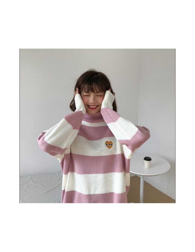 Women Striped Cartoon Love Badge Turtleneck Sweater Female Vintage Harajuku Ulzzang Knitted Women's Sweaters Lady Cute Kawai...