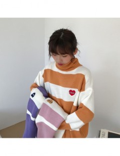 Pullovers Women Striped Cartoon Love Badge Turtleneck Sweater Female Vintage Harajuku Ulzzang Knitted Women's Sweaters Lady C...