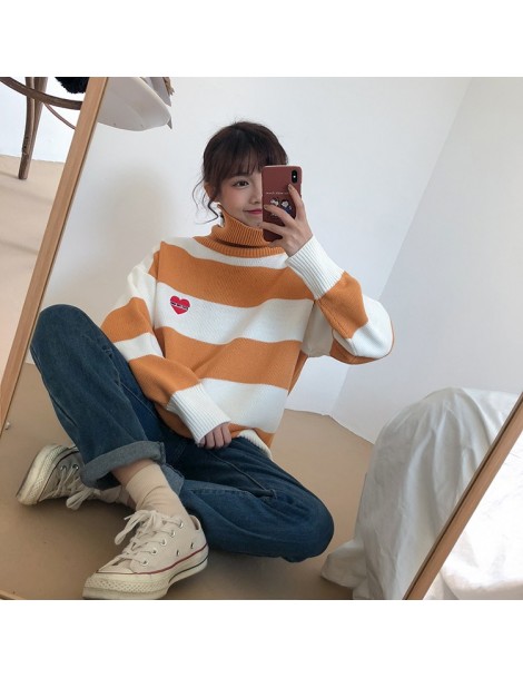 Pullovers Women Striped Cartoon Love Badge Turtleneck Sweater Female Vintage Harajuku Ulzzang Knitted Women's Sweaters Lady C...