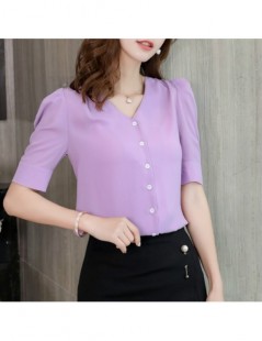 Blouses & Shirts Korean Womens Chiffon Blouse Office Lady V Neck Short Sleeve Slim Shirts Cute Button Summer Blouses 2019 Cas...