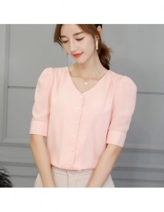 Blouses & Shirts Korean Womens Chiffon Blouse Office Lady V Neck Short Sleeve Slim Shirts Cute Button Summer Blouses 2019 Cas...