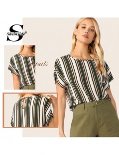 Blouses & Shirts Elegant Keyhole Back Colorblock Striped Top Women 2019 Summer Streetwear Batwing Sleeve Blouses Ladies Casua...