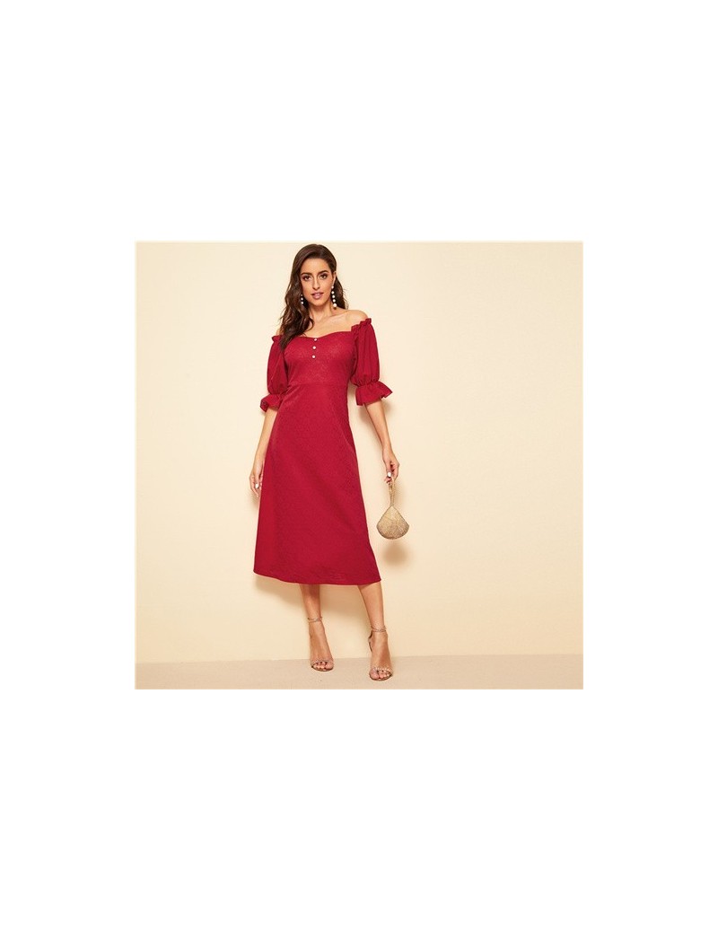 Dresses Red Button Front Ruffle Flounce Sleeve Off the Shoulder Flare Vintage Dress Women Spring Summer Solid Long Party Dres...