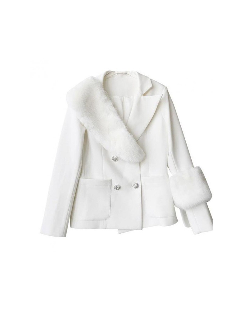 Women Blazer Fox Hair Patchwork Vintage Women Blazers Jackets All Match Irregular White Coat Suits 2019 New Autumn - White -...