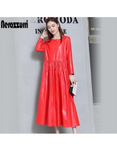 Dresses nerazzurrri pu leather dress women red gray plus size dress 4xl 5xl 6xl elegant loose long pleated dress - Gray - 4P3...