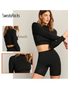 Women's Sets Mock-neck Crop Fitted Top And Leggings Shorts Set Active Wear Skinny Solid Outfits Summer Black Women 2 Piece Se...