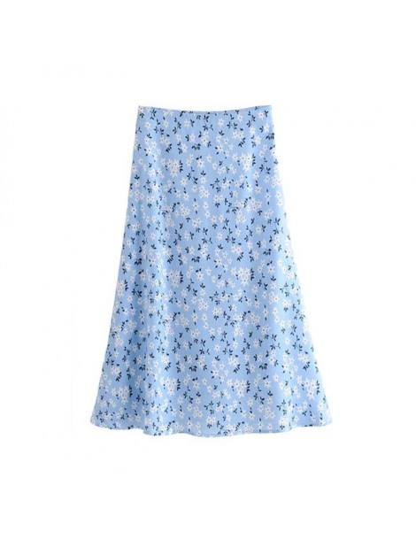 Skirts women stylish floral print midi skirt faldas mujer side zipper female casual blue mid calf skirts BA614 - as picture -...