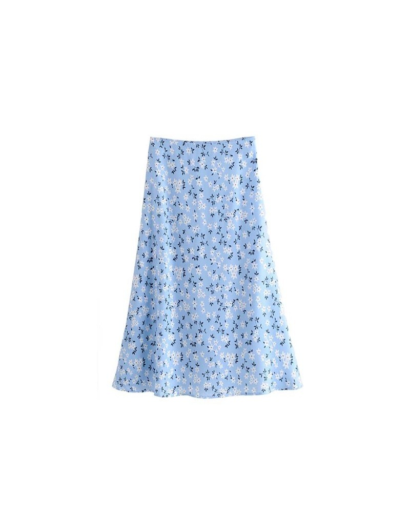 Skirts women stylish floral print midi skirt faldas mujer side zipper female casual blue mid calf skirts BA614 - as picture -...