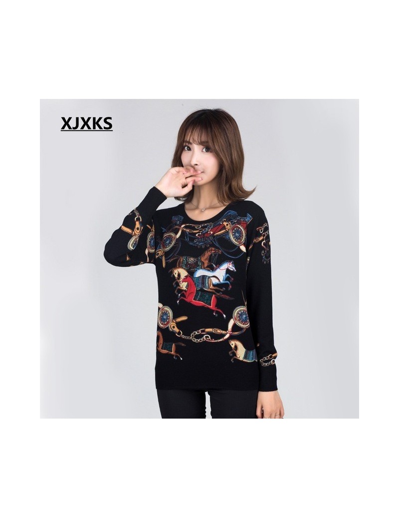 Female 2019 Autumn Sweater Print Round Collar Thin Sweater Knitted Modis Jumper Women Sweaters And Pullovers - Black - 4W414...