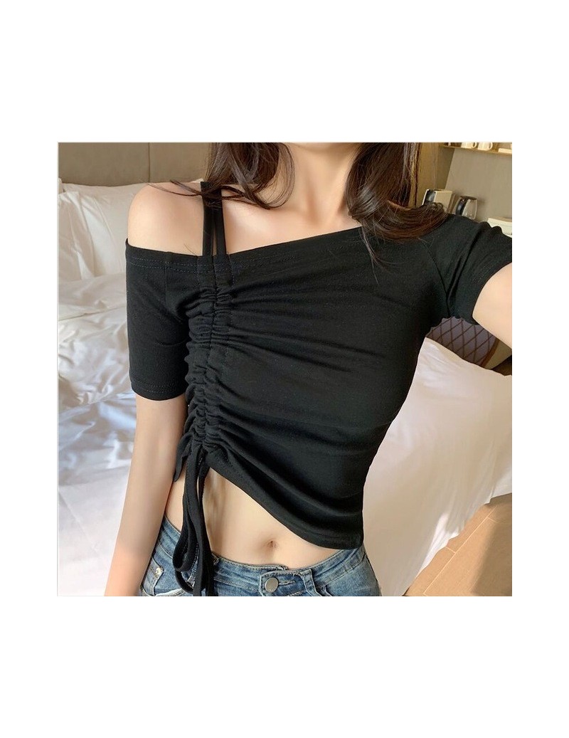 Sexy Slash Nech Short Sleeve Cropped T-shirts Girls Slim Draw String Tshirt Crop Tops For Woman 2019 Summer - Black - 4C4157...
