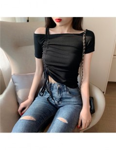 T-Shirts Sexy Slash Nech Short Sleeve Cropped T-shirts Girls Slim Draw String Tshirt Crop Tops For Woman 2019 Summer - Black ...