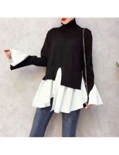 Pullovers Wholesale 2019 Spring Sweater Flare Sleeve Irregular Knitting Pullover Solid Color Fake Two Pieces Women Fashion To...