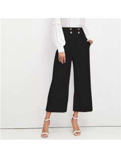 Pants & Capris Black Office Lady Solid Double Breasted Embellished Slant Pocket Wide Leg Pants Autumn Elegant Workwear Women ...