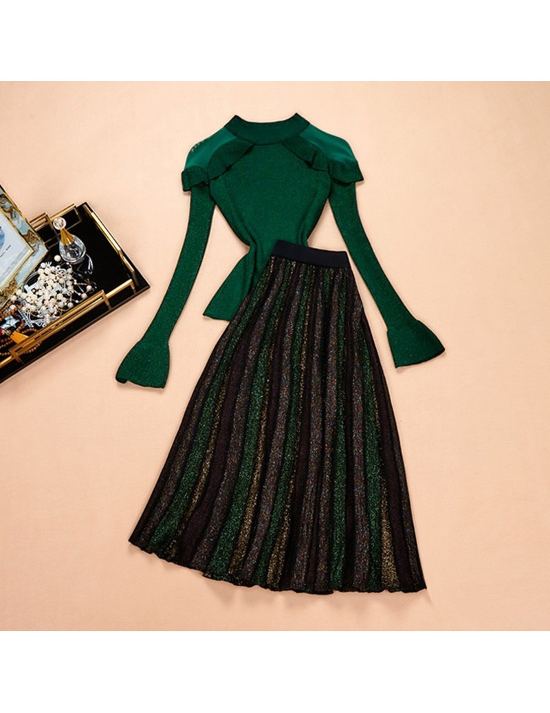 Women's Sets 2019 New Arrival Russian Stylish Women's Knitting Skirt Suits Knit Tops A-line Skirt Green Ruffles Casual Two Pi...