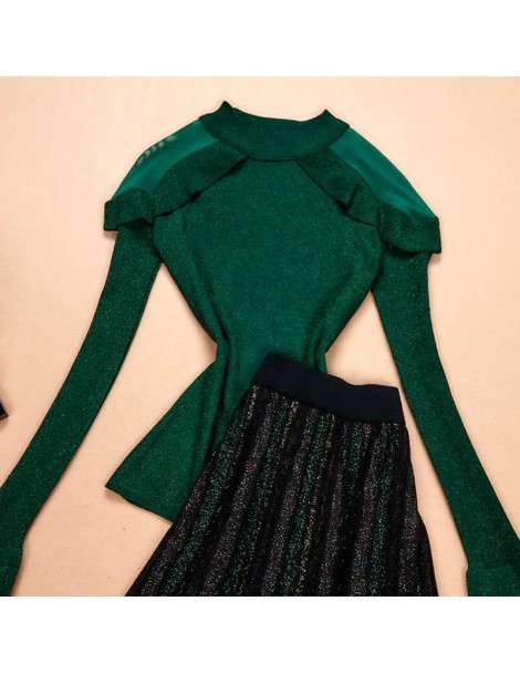 Women's Sets 2019 New Arrival Russian Stylish Women's Knitting Skirt Suits Knit Tops A-line Skirt Green Ruffles Casual Two Pi...