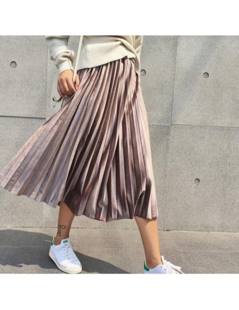 Skirts Spring 2019 Women Long Metallic Silver Maxi Pleated Skirt Midi Skirt High Waist Elascity Casual Party Skirt - Khaki - ...