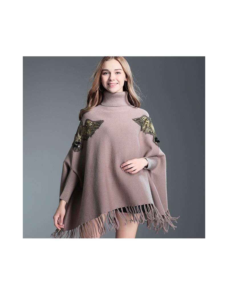 Female Loose Spring Black Women Cloak Poncho Sweater High-Necked Bat Sleeve Pullover Tassel Knit Shawl Cape - khaki - 453951...