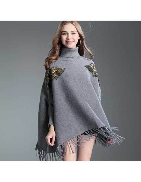 Cloak Female Loose Spring Black Women Cloak Poncho Sweater High-Necked Bat Sleeve Pullover Tassel Knit Shawl Cape - khaki - 4...