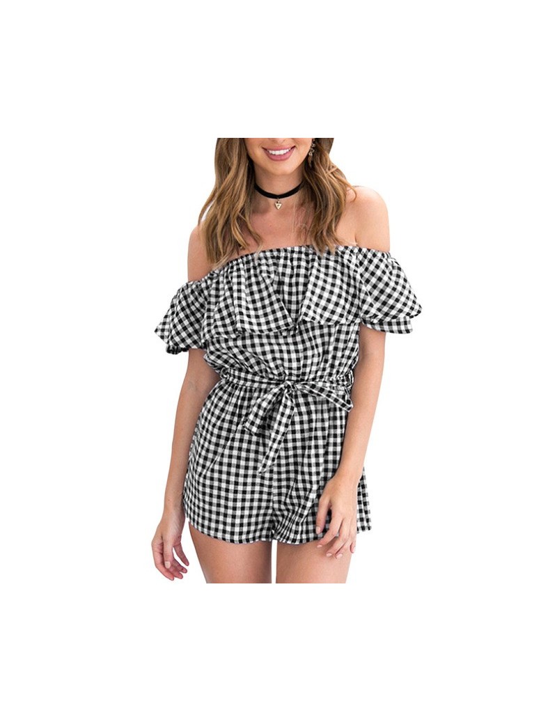 Rompers Off Shoulder Plaid Jumpsuits For Women 2018 Summer Female Front Tie Playsuit Backless Ladies Ruffle Black Bodysuit Ro...
