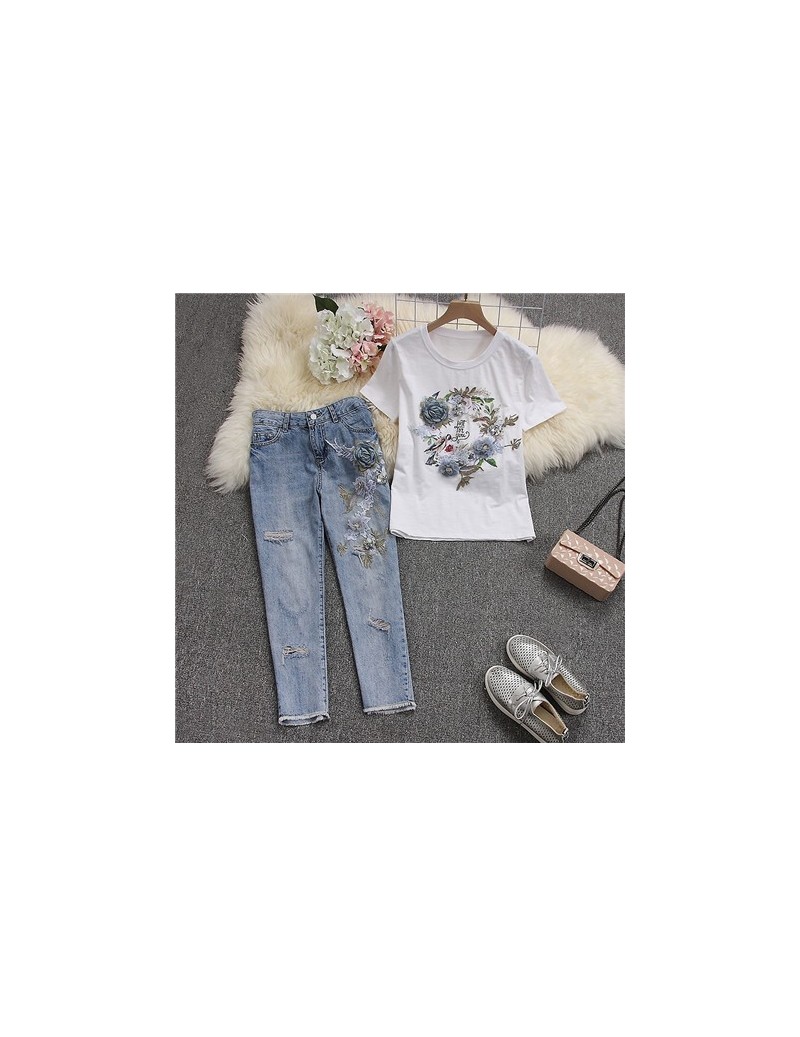 2019 Summer Women Cotton Short-sleeved Tshirts Broken Jeans Heavy-work 3D Floral Cotton Tshirts Denim Pants - 2pcs set - 4H3...