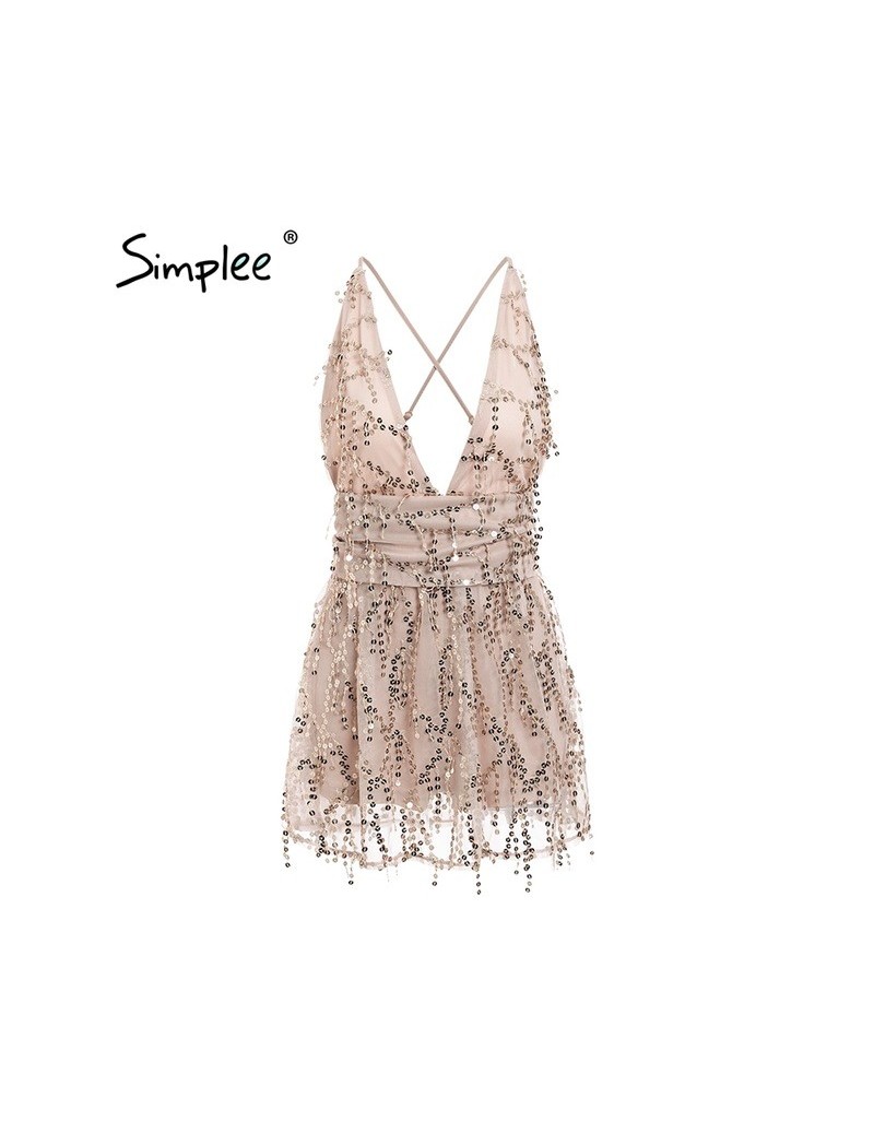 Rompers Sexy sequined mesh women playsuit elegant v-neck Backless lining ladies short jumpsuit romper High wasit tassel overa...
