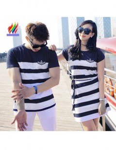T-Shirts Couple T-Shirt Matching Lovers Clothes Female Male Top Honeymoon Holiday Beach Valentine Wear Blue Stripe Cotton Cou...